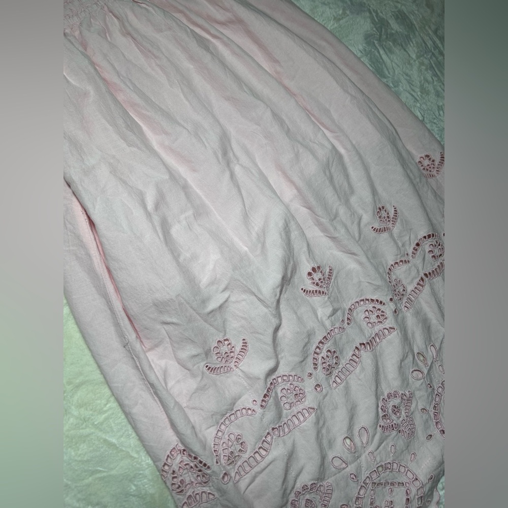 NWT Future Collective Light Pink Scalloped Eyelet Maxi A-Line Dress, Smocked - Picture 10 of 15